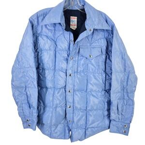 Vintage 70s Frostline Quilted Down Western Snap Button Shirt Jacket Blue Mens L